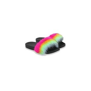 New Blue Rainbow Color Tie Dye Faux Fur Ladies Fuzzy Shoes Slipper Size 10